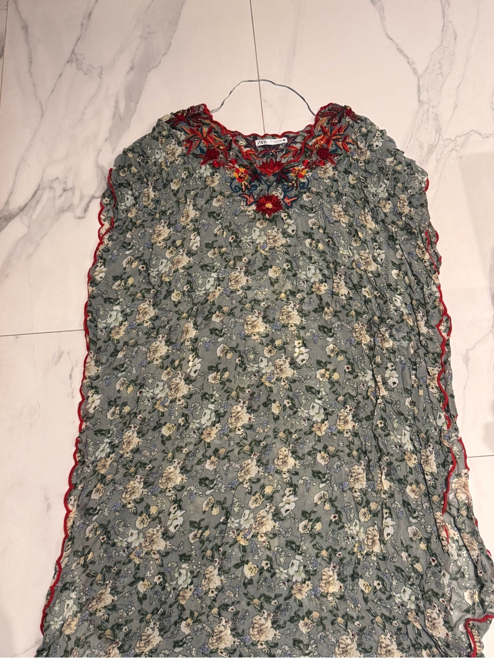 Zara Sage Green Floral Maxi Dress with Red Embroidered Neckline